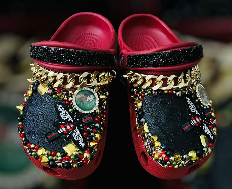 G Red, Black and Gold Bedazzled Crocs