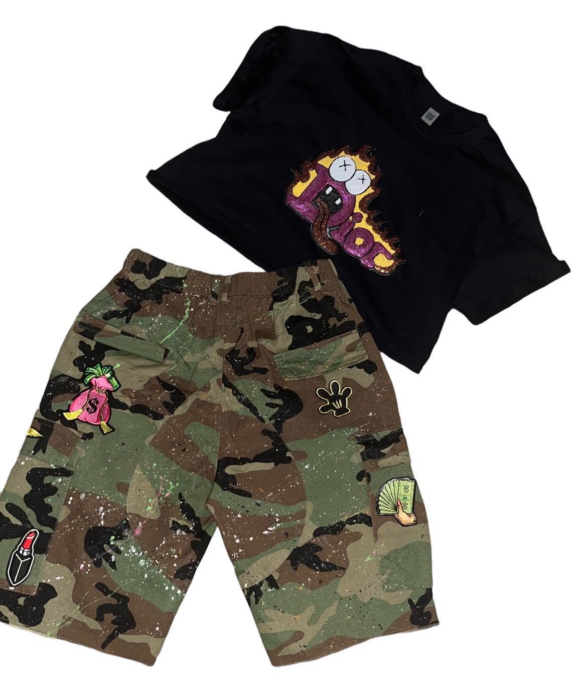 Camo six pocket army paint patch work cargo shorts